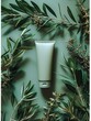 A tube of green face cream on a background of green leaves