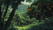 In the heart of a tropical rainforest, a traveler stumbles upon a cluster of papaya trees,