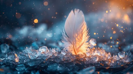 Sticker - A white feather sitting on top of some ice crystals, AI