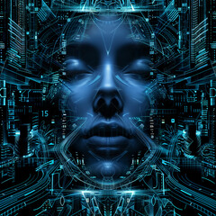 Abstract illustration of woman face with closed eyes, surrounded by circuit boards and digital interfaces. Interpretation and personification of AI technology, blue color.