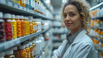 Woman Standing in Front of Shelf of Vitamins. Generative AI