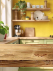 Retro and vintage style empty wooden table top with blurred background of a bright yellow kitchen interior