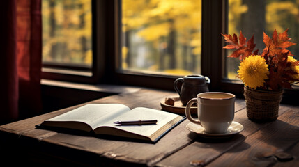 cup of coffee and book on table alongside window 