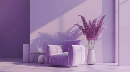 Minimalist purple living room interior with chair and vase of flowers, 3d render