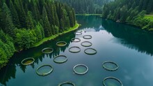 Fish Farm Rings On Serene Lake Green Forestry Reflection