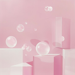 Poster - Pink, abstract background with product stands and bubbles in 3d style
