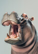 A close-up portrait of a hippopotamus with its mouth open, showcasing its large teeth and textured skin against a grey background.
