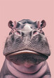 A close-up image of a hippopotamus face against a pink background, highlighting the eyes, nostrils, and textured skin.

