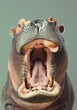 A front view of a hippopotamus facing upwards with its mouth wide open, showing the inside of its mouth and large canines, against a teal background.

