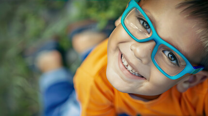 Wall Mural - Boy with blue glasses and orange T-shirt
