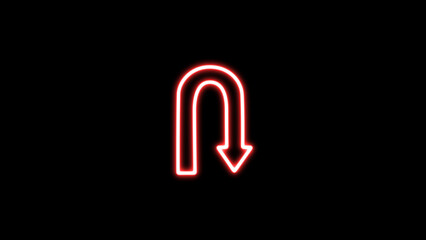 Neon glowing U turn road sign icon on the black background. U turn symbol. neon U-Turn Road Sign - road sign with turn symbol isolated.