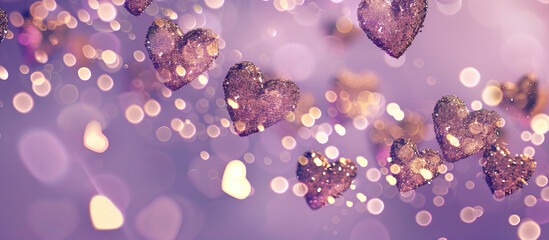 Wall Mural - Golden hearts on a blurred, purple background
