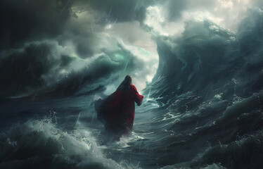 Wall Mural - Jesus walks on water and calms the stormy sea as in bible