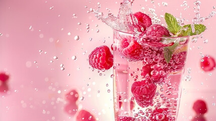 Canvas Print - Cocktail with raspberries in a glass on a pink background
