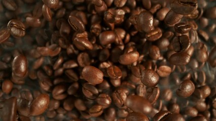 Poster - Super Slow Motion of Falling Coffee Beans, Rotating. Filmed on High Speed Cinema Camera, 1000fps.