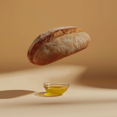 A freshly baked loaf of whole wheat bread, floating alongside a small bowl of olive oil, against a warm beige background. Rendered in a minimalist clay 3D model style, the scene evokes rustic