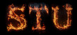 © Oxy Grizzly - Fire letters STU font alphabet made of burning letters on black background