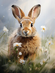 watercolor Easter bunny in grass with wildflowers. 