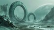 Alien landscape with large stone ring structures, sci fi