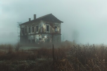 Poster - An abandoned building, partially hidden by the thick mist