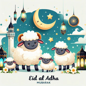 Eid Al Adha Mubarak greeting card with cute sheep, moon, lantern, and stars.