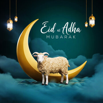 Eid Al Adha Mubarak greeting card with cute sheep, moon, lantern, and stars.