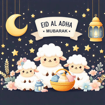 Eid Al Adha Mubarak greeting card with cute sheep, moon, lantern, and stars.