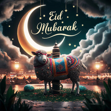Eid Al Adha Mubarak greeting card with cute sheep, moon, lantern, and stars.