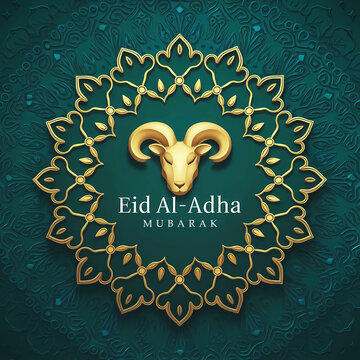Eid Al Adha Mubarak greeting card with cute sheep, moon, lantern, and stars.