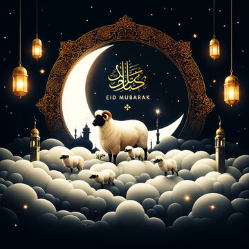 Eid Al Adha Mubarak greeting card with cute sheep, moon, lantern, and stars.