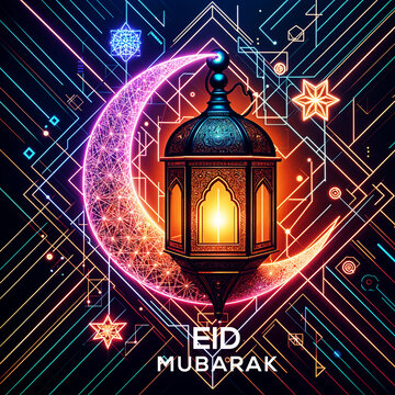 Eid Al Adha Mubarak greeting card with cute sheep, moon, lantern, and stars.