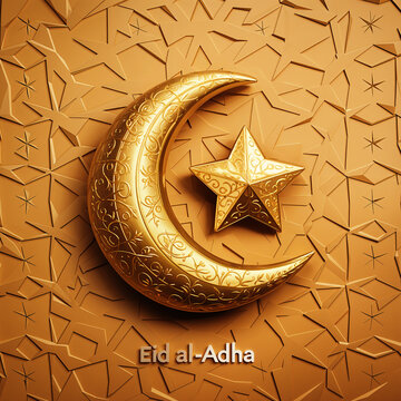 Eid Al Adha Mubarak greeting card with cute sheep, moon, lantern, and stars.