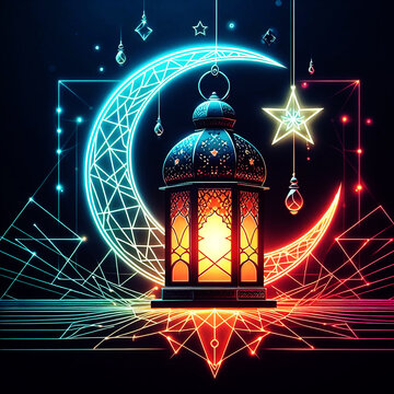 Eid Al Adha Mubarak greeting card with cute sheep, moon, lantern, and stars.