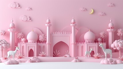 Wall Mural - 3d background for eid al adha banner, poster, flyer with goat, cow, camel illustration design