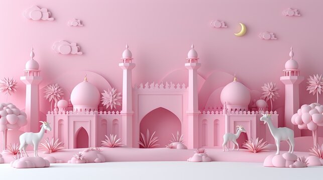 3d background for eid al adha banner, poster, flyer with goat, cow, camel illustration design