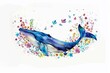 A whimsical watercolor of a blue whale among a burst of flowers, all flowing on a white backdrop
