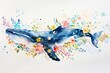 A whimsical watercolor of a blue whale among a burst of flowers, all flowing on a white backdrop