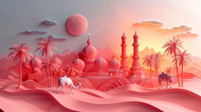 3d background for eid al adha banner, poster, flyer with goat, cow, camel illustration design