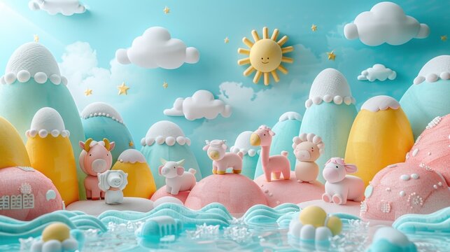 3d background for eid al adha banner, poster, flyer with goat, cow, camel illustration design