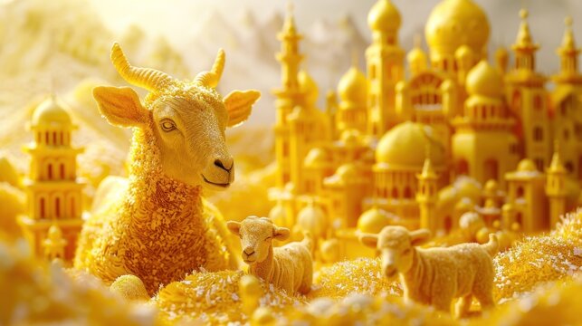 3d background for eid al adha banner, poster, flyer with goat, cow, camel illustration design