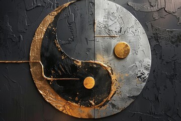 Wall Mural - An abstract depiction of a yin-yang symbol, with a golden line dividing and connecting the halves