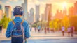 © starush - A man with backpack listening to music on headphones in a city, AI