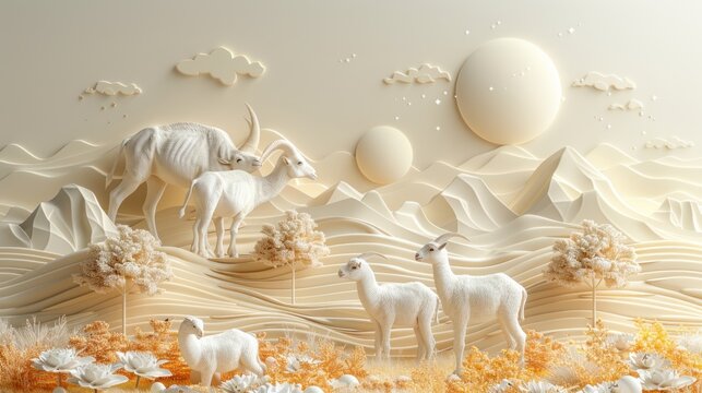 3d background for eid al adha banner, poster, flyer with goat, cow, camel illustration design