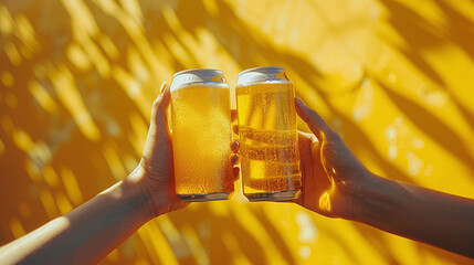 Two friends toasting with beer cans in front of a yellow background