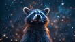 A whimsical portrait of a raccoon with a night mask, set against a starry night sky with twinkling constellations overhead