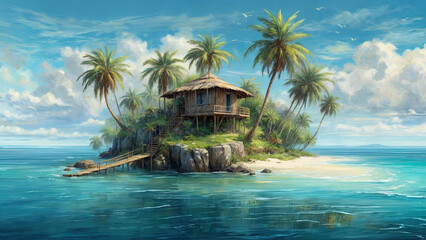 Wall Mural - oil painting of small tropical island with palms and hut surrounded sea blue water. Scenery of tiny island in ocean. Concept of vacation, travel, nature, summer