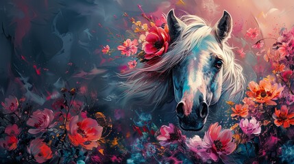 Wall Mural - A beautiful portrait of an adorable horse with big eyes, wearing colorful flowers on its head.