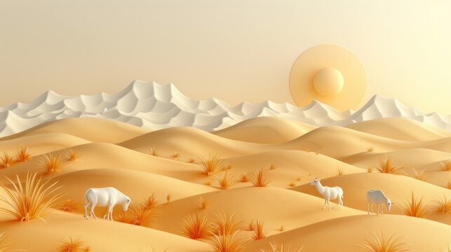 3d background for eid al adha banner, poster, flyer with goat, cow, camel illustration design