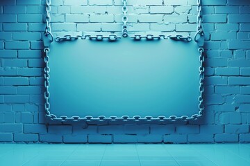 Poster - A blue brick wall with a chain and empty frame, AI