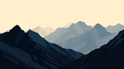 Poster - An abstract graphic interpretation of mountain silhouettes at dawn, showcasing the play of light and shadow on the rugged slopes --ar 16:9 Job ID: 13aa4bb0-936b-48de-9470-8d8ea17d42b9